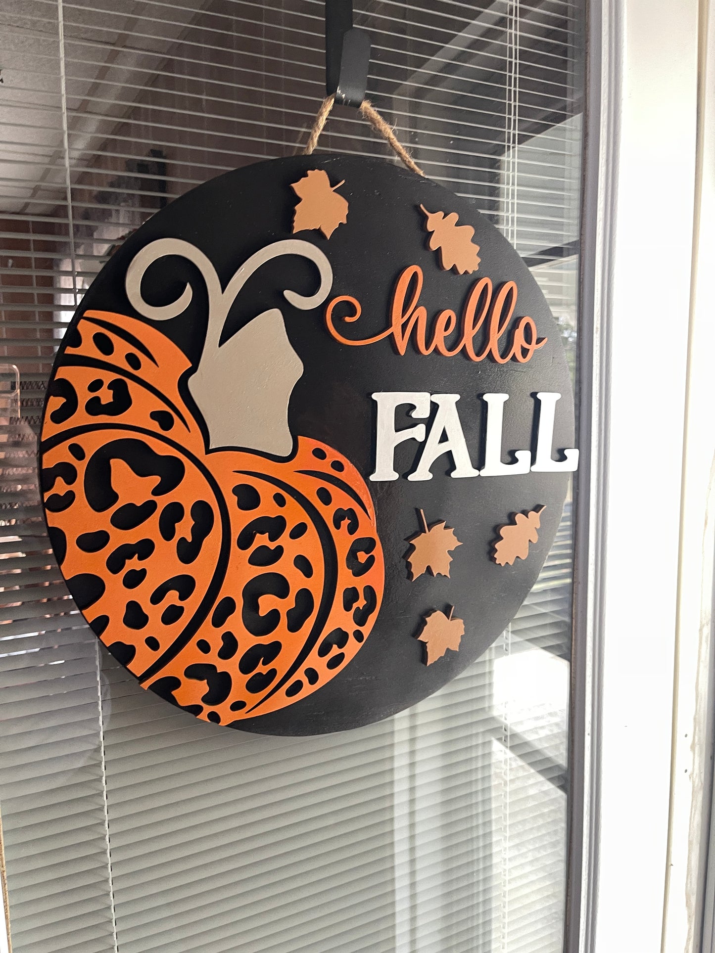 Hello Fall Leopard Print Pumpkin Door Hanger
