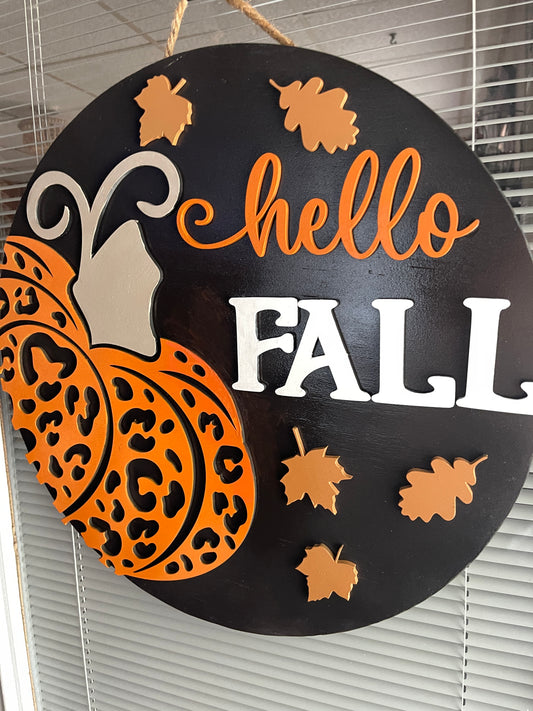 Hello Fall Leopard Print Pumpkin Door Hanger