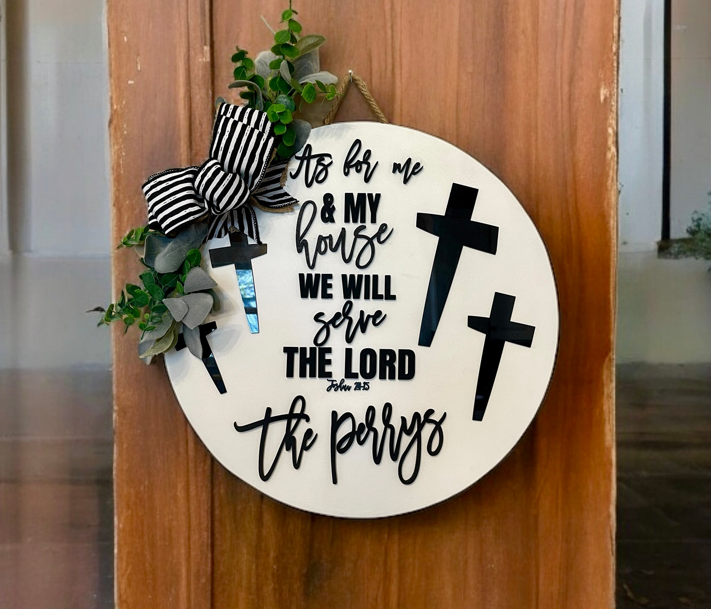 Personalized 18" White Wood Round Door Hanger - As For Me and My House with Crosses