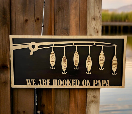 Handcrafted Personalized Fishing Pole Wood Sign with Custom Lures with kids/grandkids names on them for Dad, Daddy, Grandpa, Papa, Pop Pop- Unique Family Home Decor