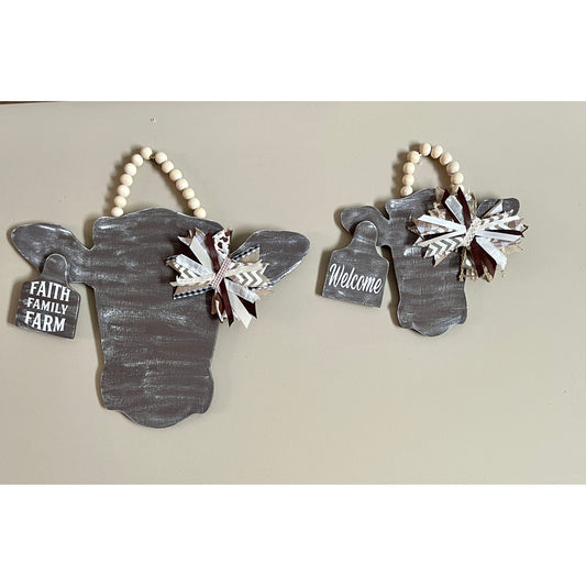 Large and Small Distressed Brown Cow Head Set